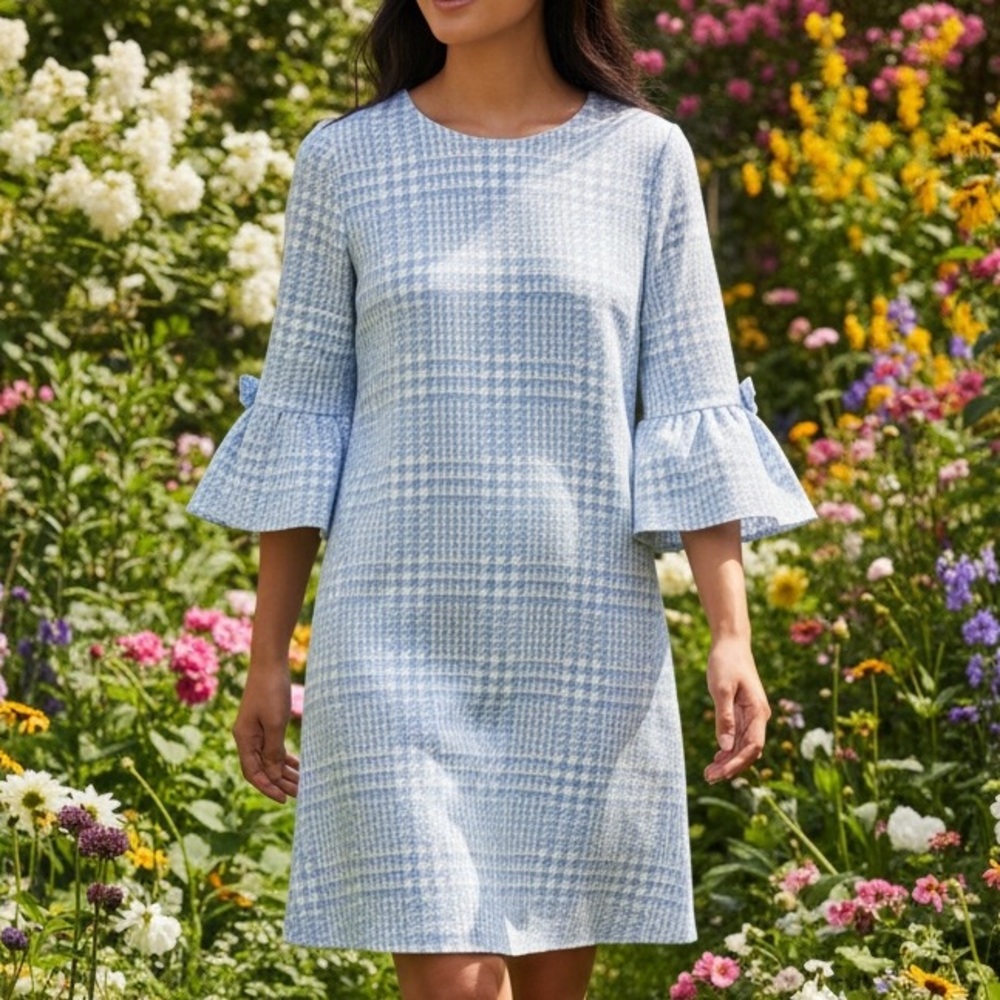 Tyler Boe Sydney Light Blue Houndstooth Dress bell sleeve Large